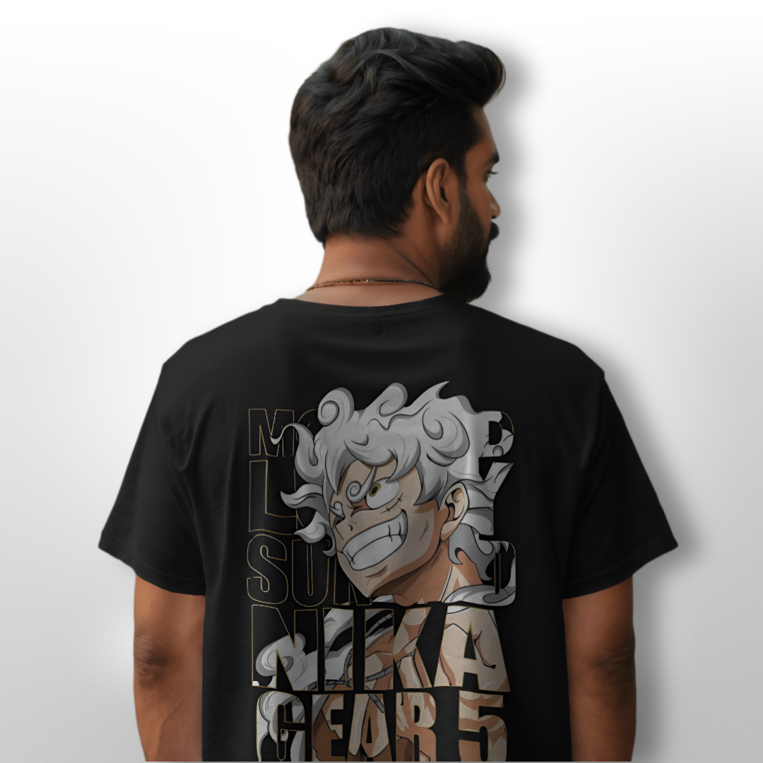 Anime enthusiast wearing the Monkey D. Luffy GEAR 5 T-shirt while exploring a Japanese cultural festival.