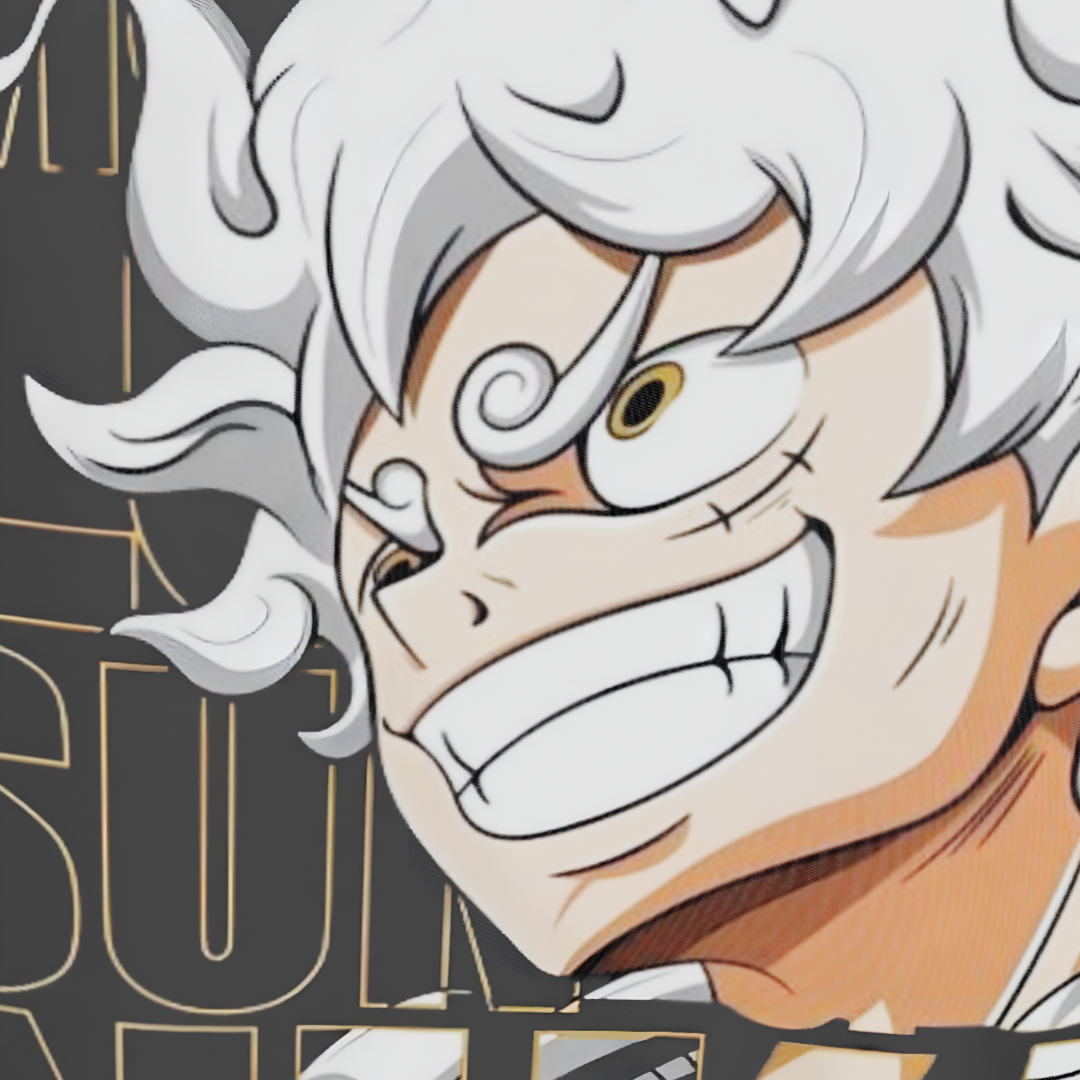 Close-up of Monkey D. Luffy's Sun God NIKA GEAR 5 transformation detail on an oversized white T-shirt.