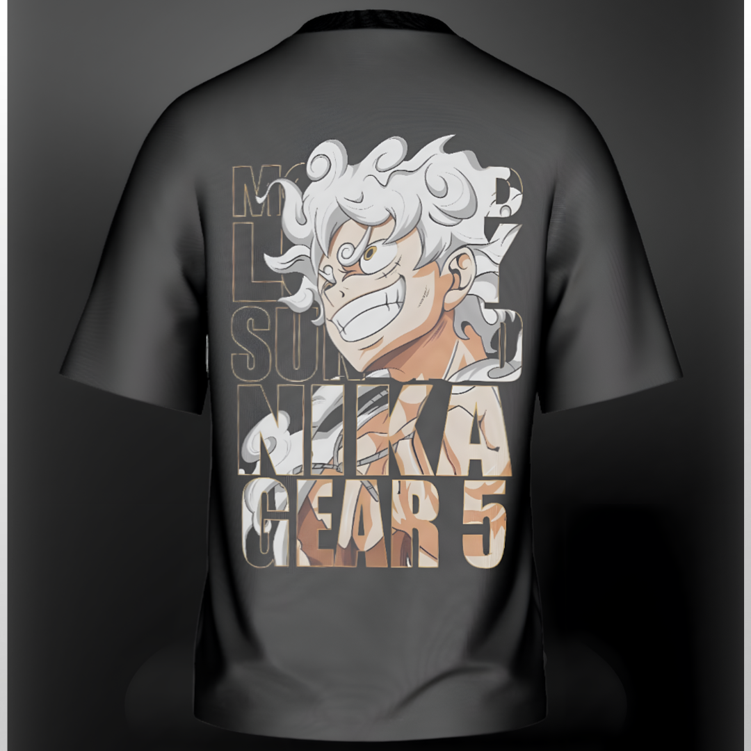 Oversized T-shirt featuring Monkey D. Luffy in Sun God NIKA GEAR 5 form, vibrant and dynamic on a white background.