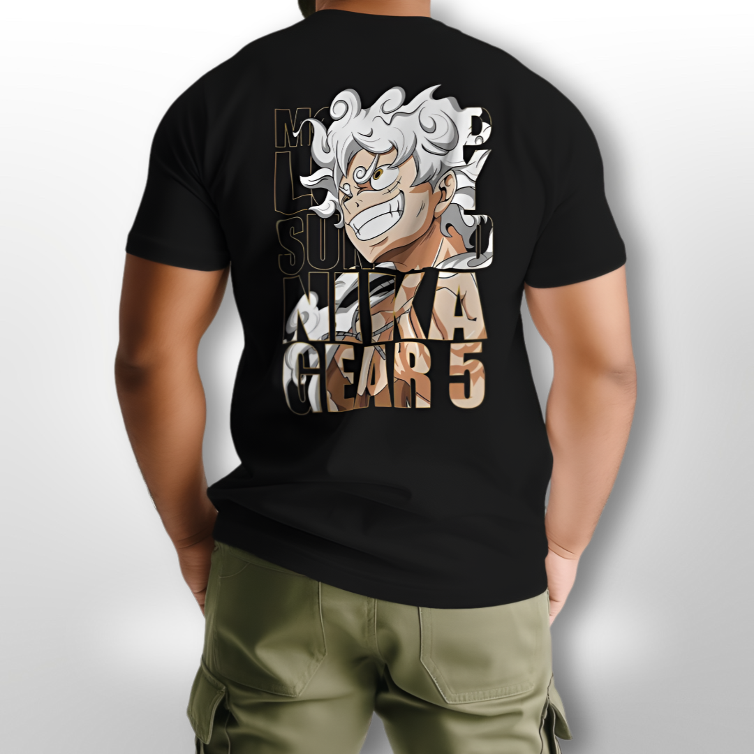 Rear view of the white oversized T-shirt, plain design with a focus on the front graphic of Luffy in SUN GOD NIKA GEAR 5.