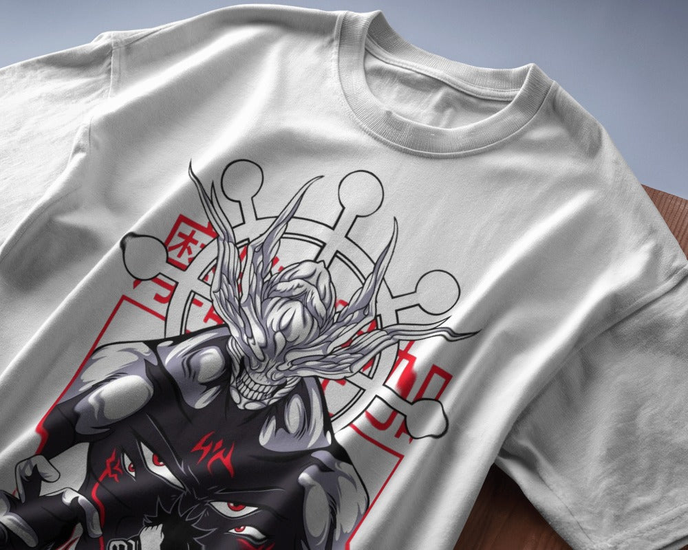 Detailed close-up of Mahuraga design on Jujutsu Kaisen oversized T-shirt, showcasing vibrant colors.