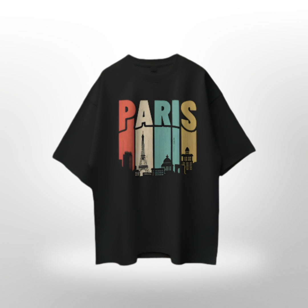 PARIS text in elegant font on premium quality oversized black T-shirt.