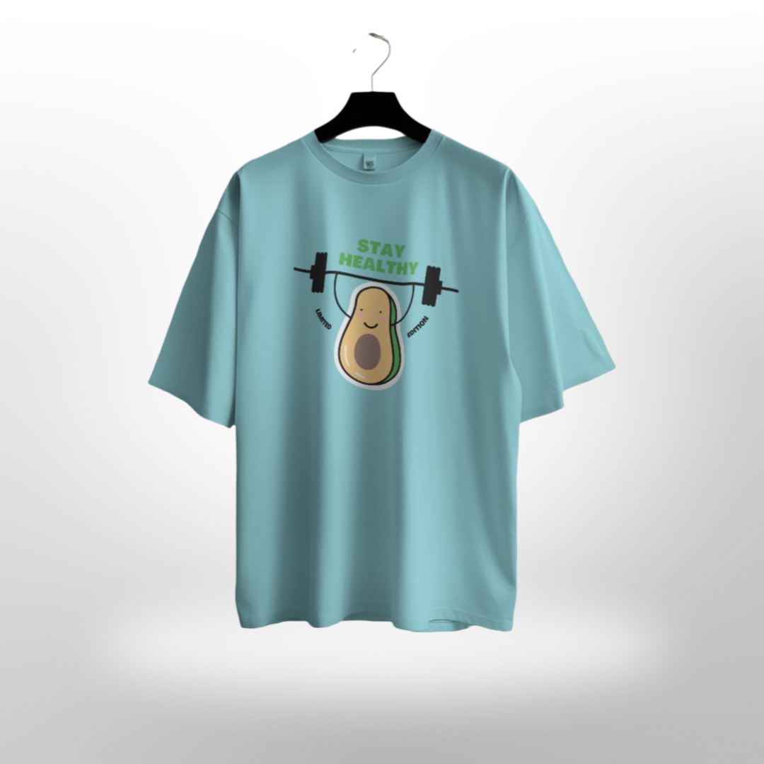 Unisex 'Stay Healthy' motivational text on a crisp white oversized gym T-shirt.