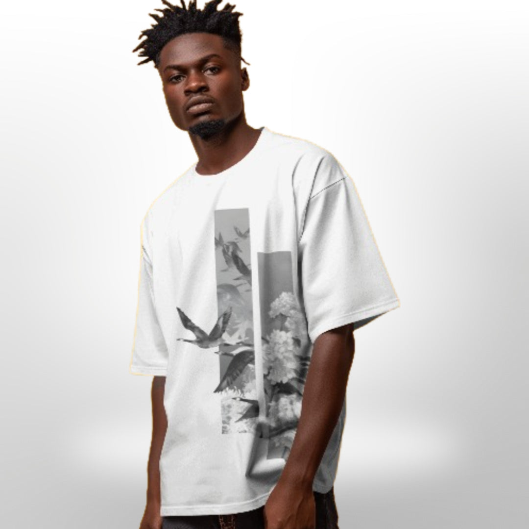Urban lifestyle shot of oversized T-shirt with Flying Bird Japanese design, styled for street fashion.