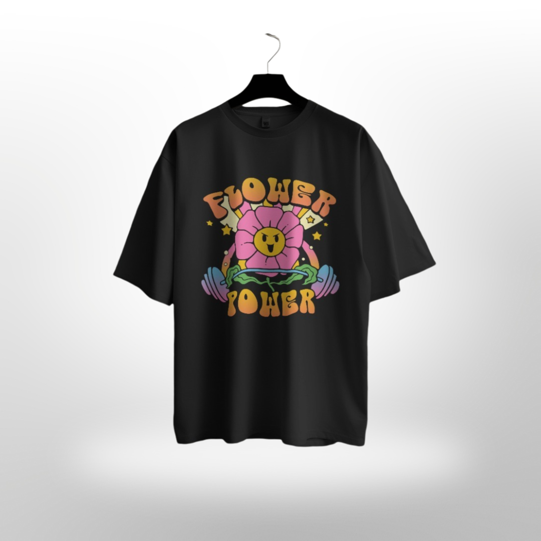 Unisex 'Flower Power' slogan with floral graphics on a light green oversized gym T-shirt.