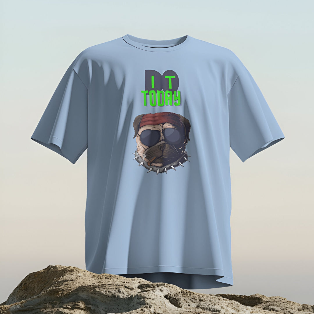 Fitness model wearing the sky blue 'Do It Today' oversized gym T-shirt during a workout session.