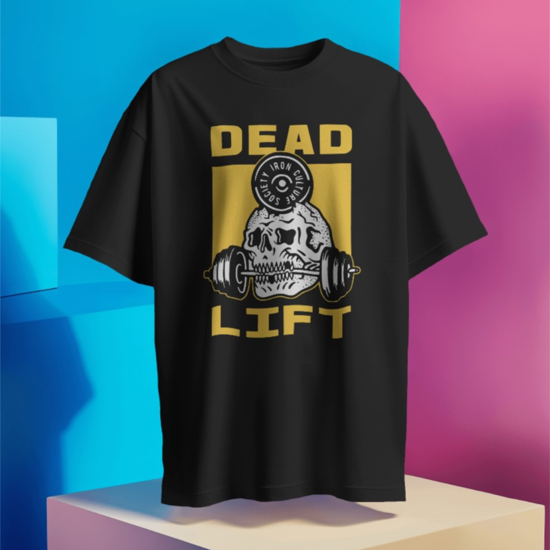 Close-up view of intricate skull and barbell design on 'Dead Lift Skull' gym T-shirt.