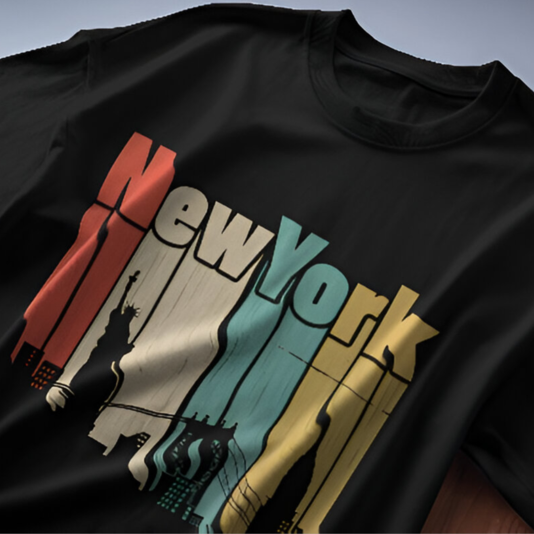 Detailed close-up of the New York skyline graphic, featuring iconic buildings and artistic touches, on a premium black T-shirt.