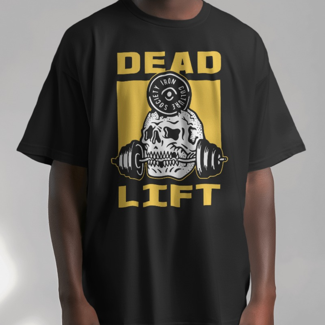 Model demonstrating a deadlift in the 'Dead Lift Skull' oversized T-shirt at a gym.