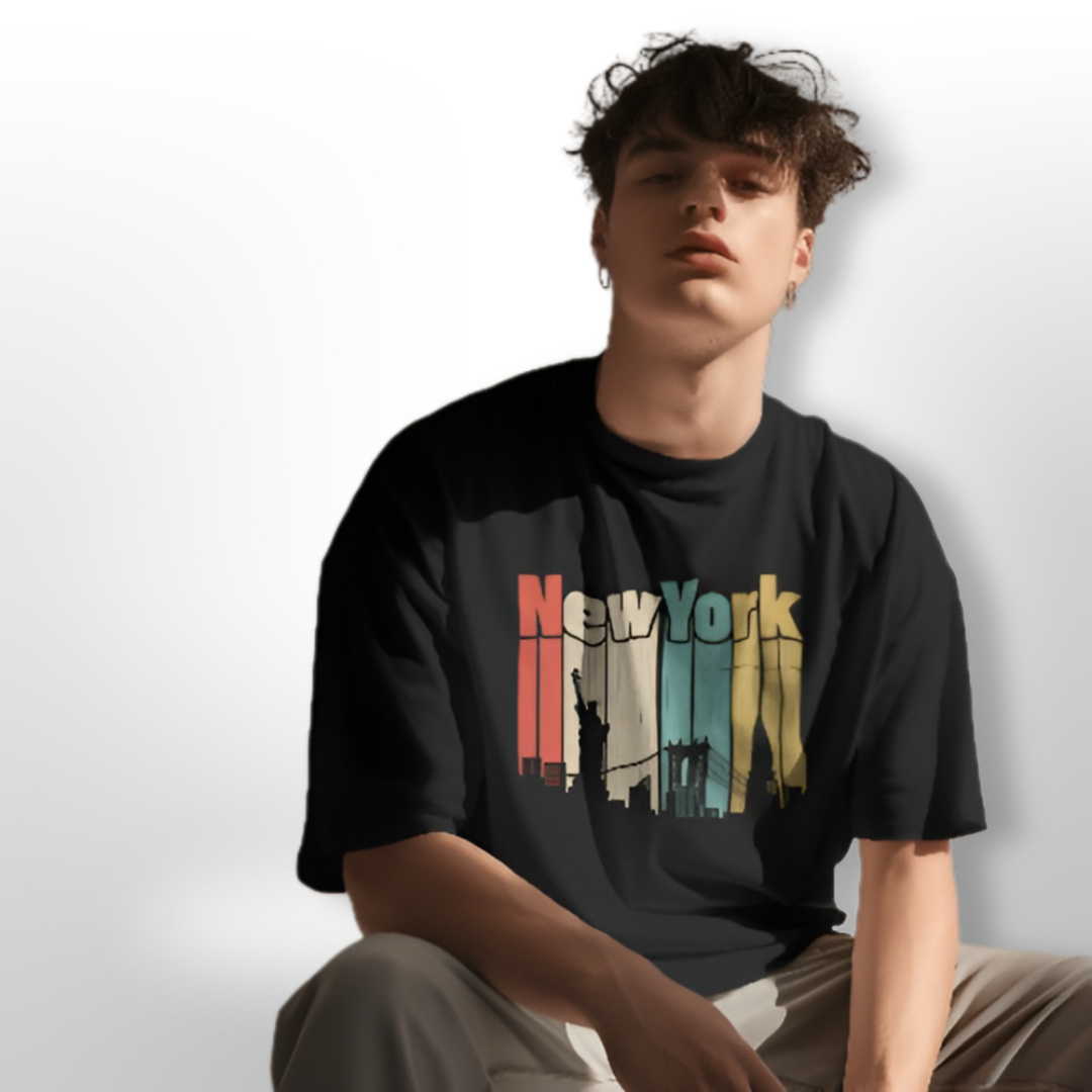 Fashion-forward individual sporting the 'New York' oversized T-shirt at a chic rooftop party in the city.