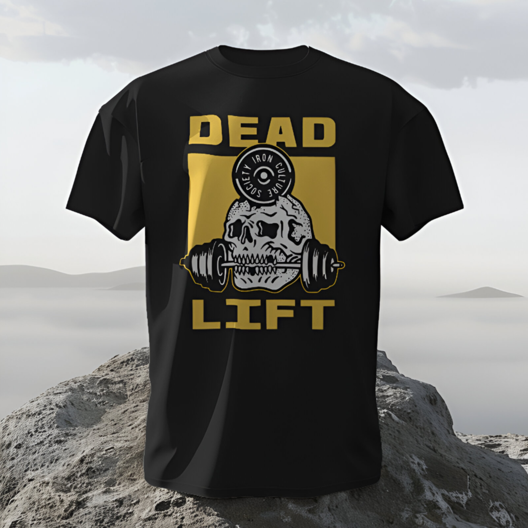 Gym scene with a model wearing the 'Dead Lift Skull' T-shirt while training intensely.