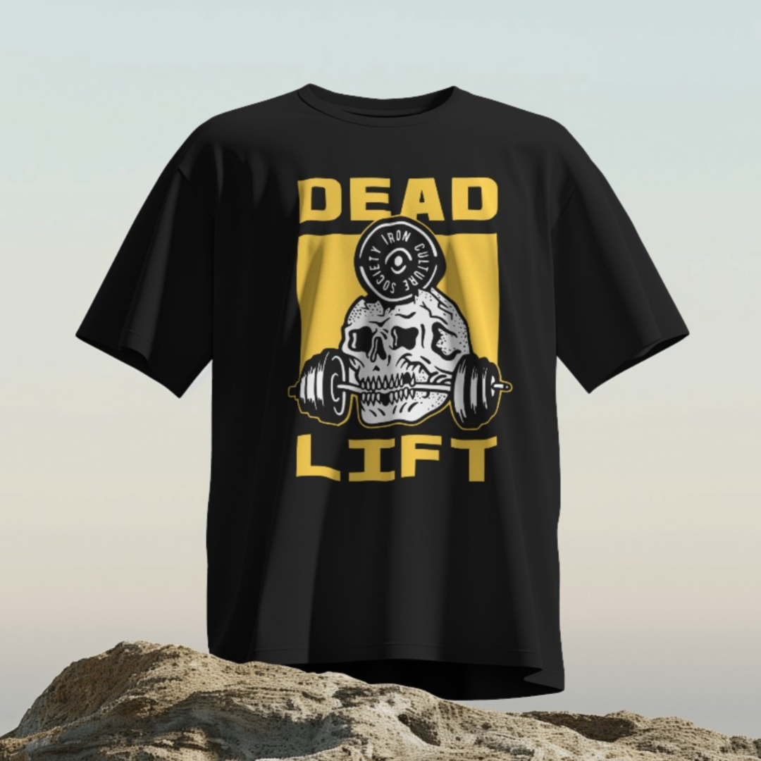 Rear view of the black 'Dead Lift Skull' T-shirt, highlighting a minimalistic design.