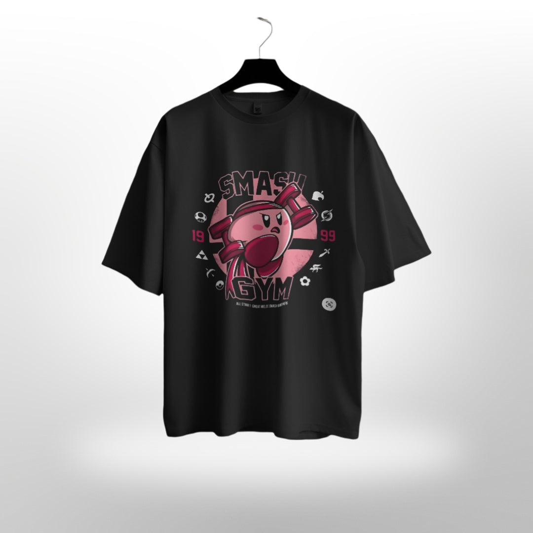 Unisex SMASH GYM Jigglypuff print on an oversized gray T-shirt for fitness enthusiasts.