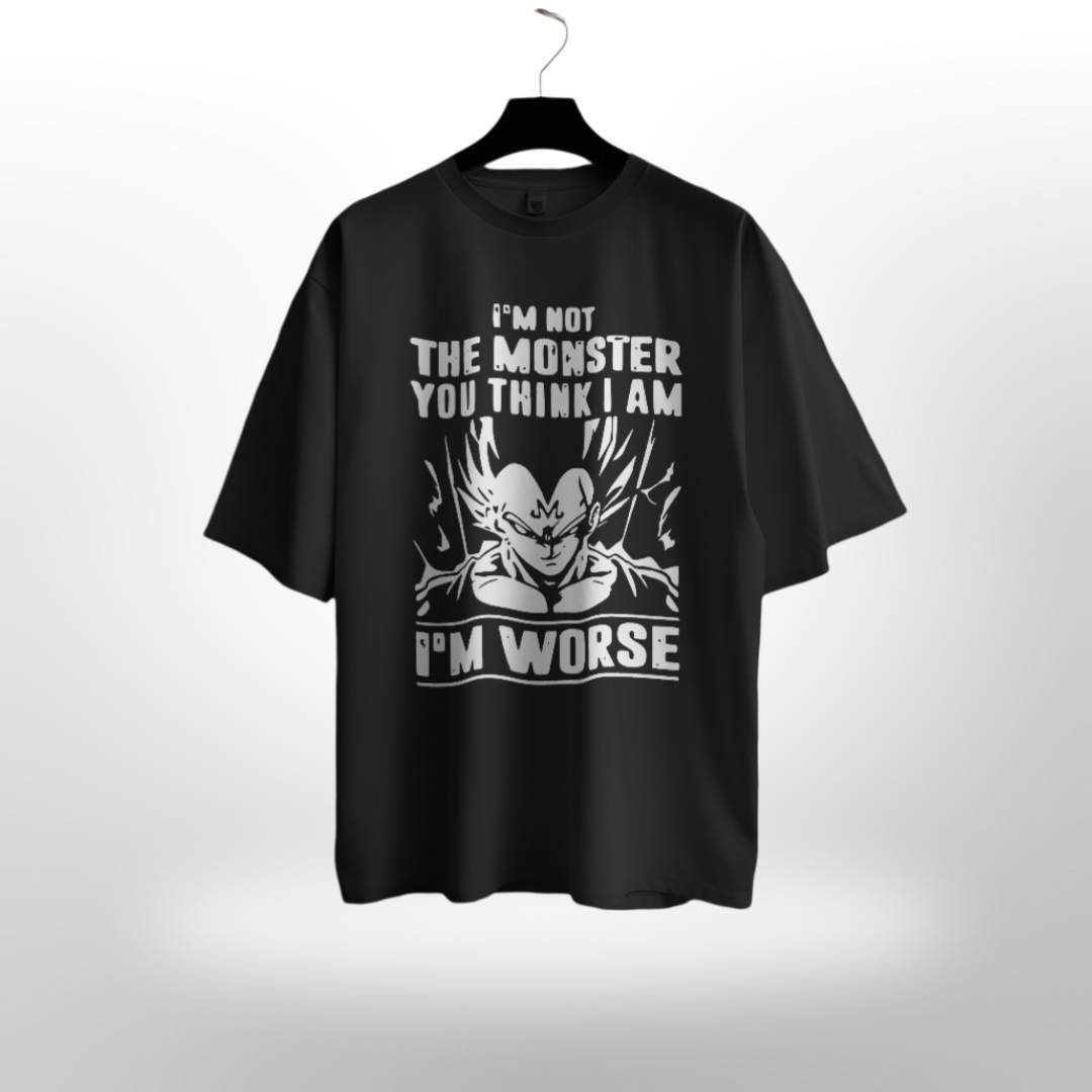 Unisex 'I'm the Worst, Vegeta' quote on a navy blue oversized gym T-shirt.