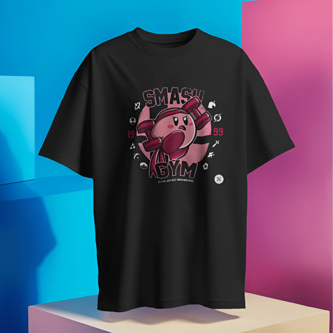 Detailed view of Jigglypuff graphic with gym weights, featured on SMASH GYM oversized T-shirt.