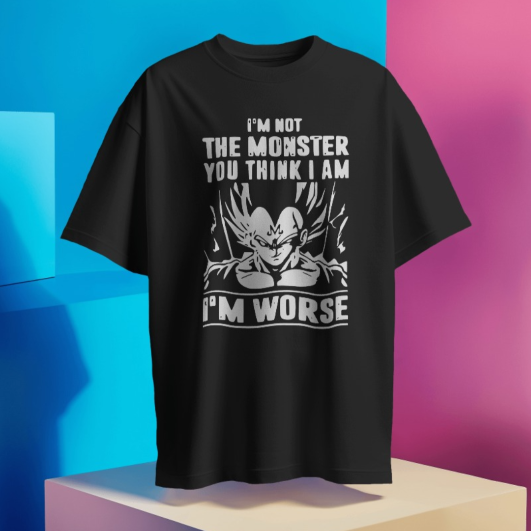 Detailed view of Vegeta graphic and 'I'm the Worst' text on navy blue gym T-shirt.
