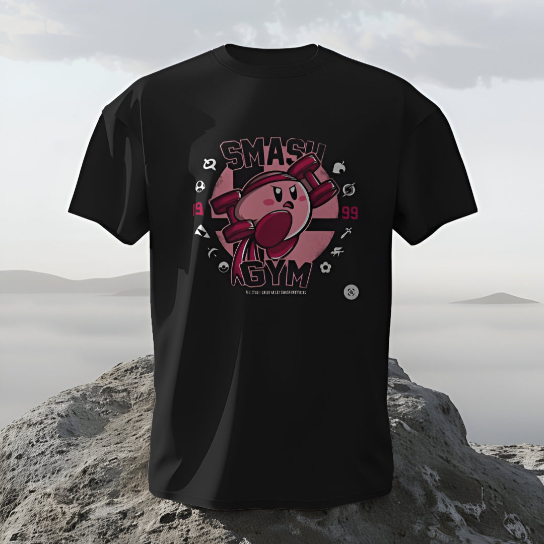 Casual wear depiction, model relaxing in SMASH GYM Jigglypuff T-shirt at a park.