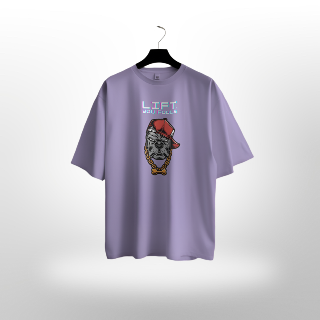 Unisex 'LIFT, You Fools' motivational quote on a dark gray oversized gym T-shirt.