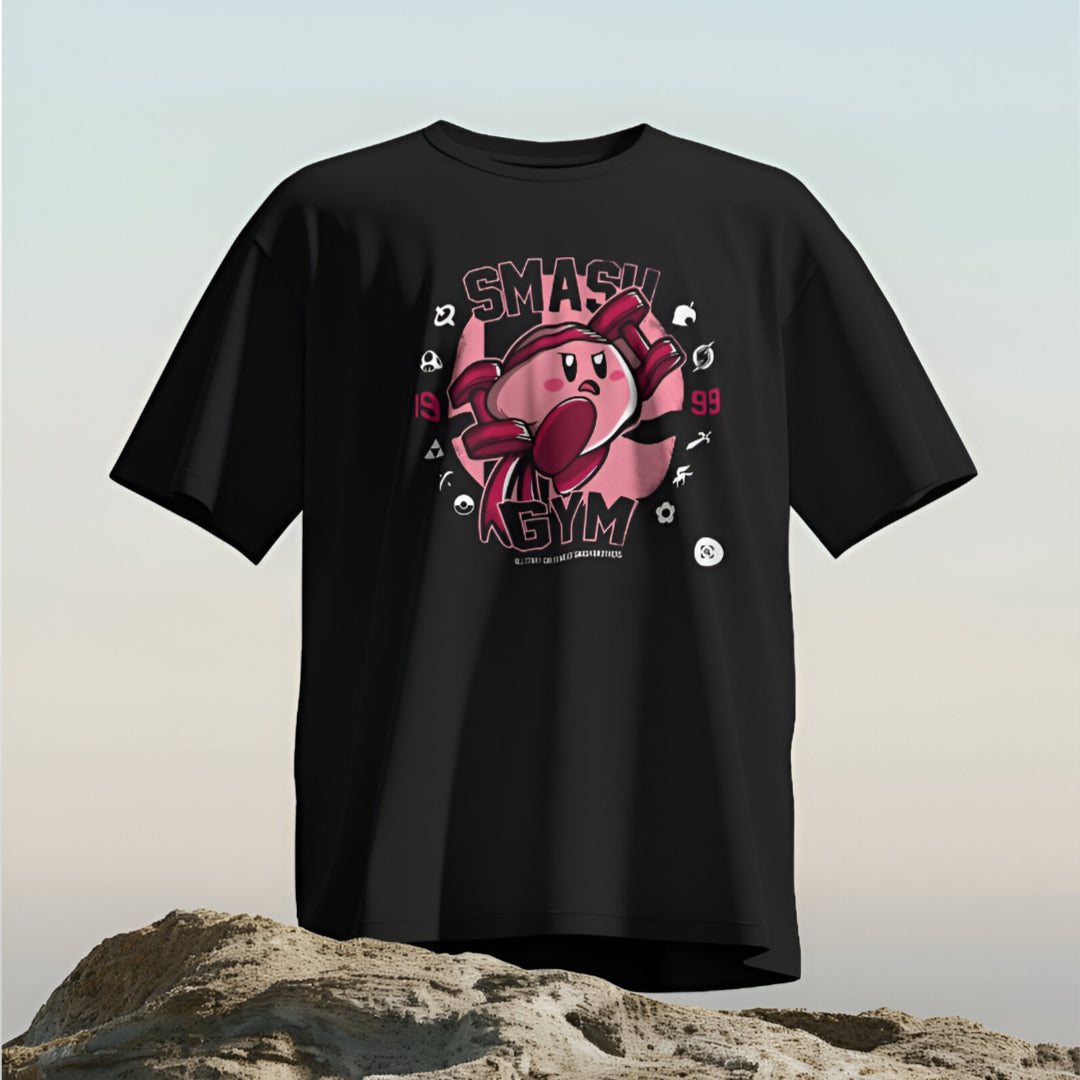 Model sporting the SMASH GYM Jigglypuff oversized T-shirt in a gym setting, demonstrating a fitness pose.