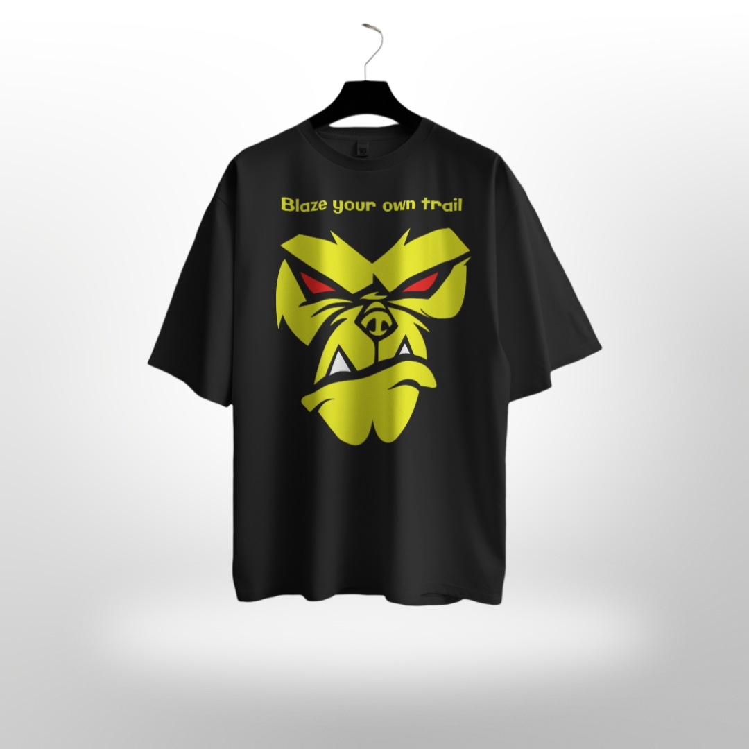 Men's premium oversized T-shirt with Angry Monkey design on a charcoal grey background.