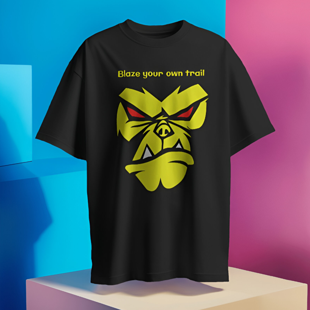 Casual streetwear style featuring Angry Monkey oversized T-shirt, worn at an urban outdoor setting.