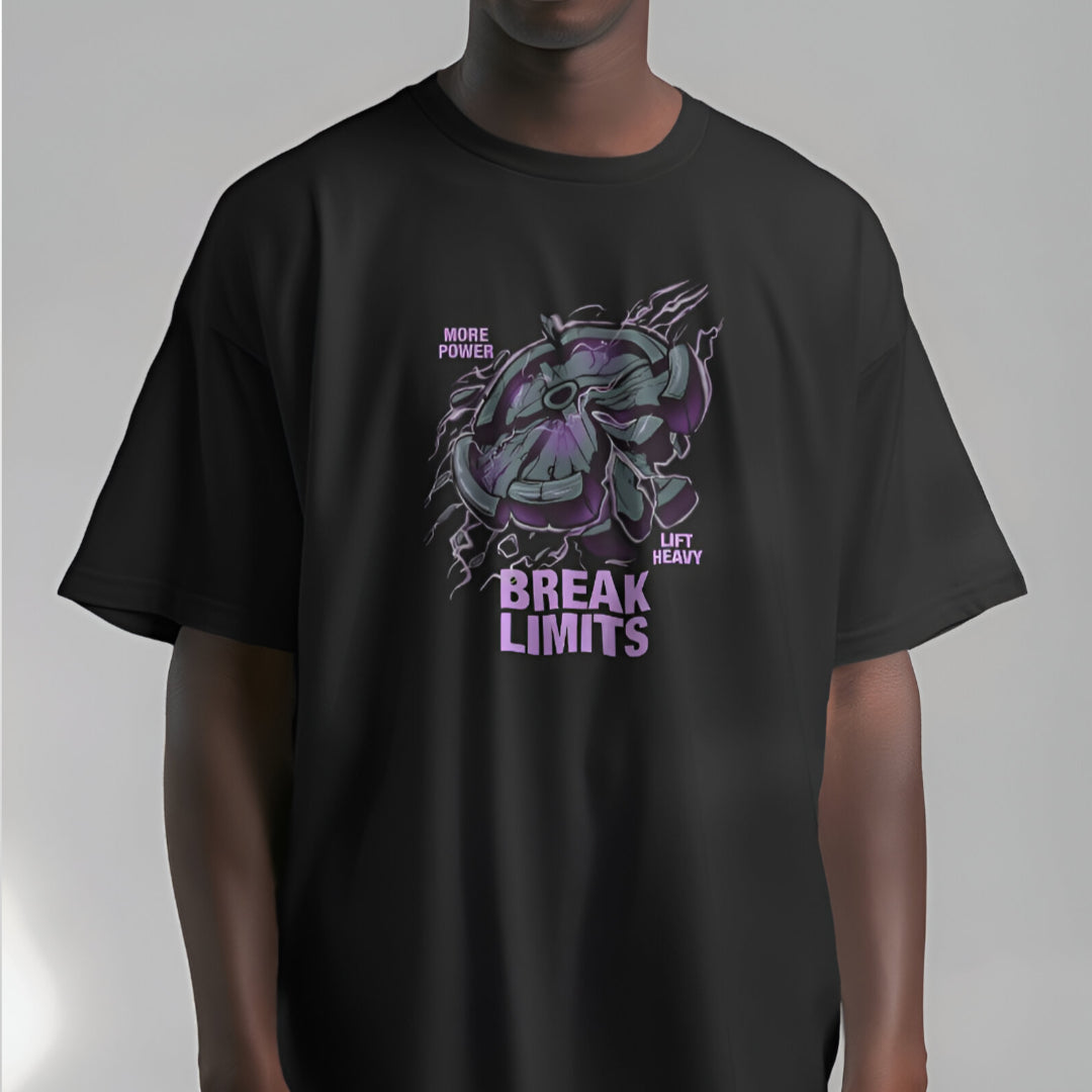 Back view showcasing clean design of BREAK LIMITS oversized T-shirt, ideal for gym wear.