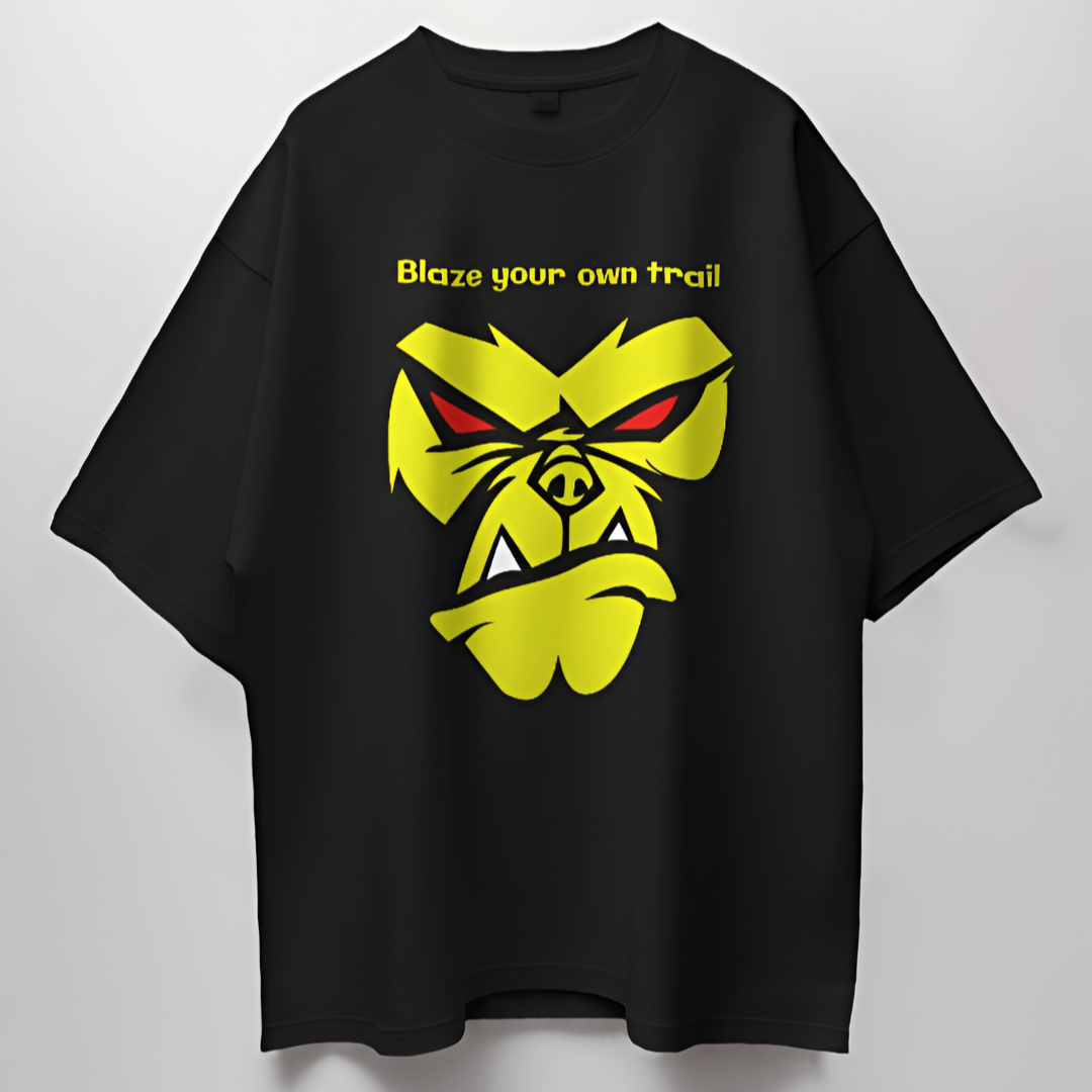 Detailed close-up of Angry Monkey graphic on men's oversized T-shirt, showcasing artistic details.