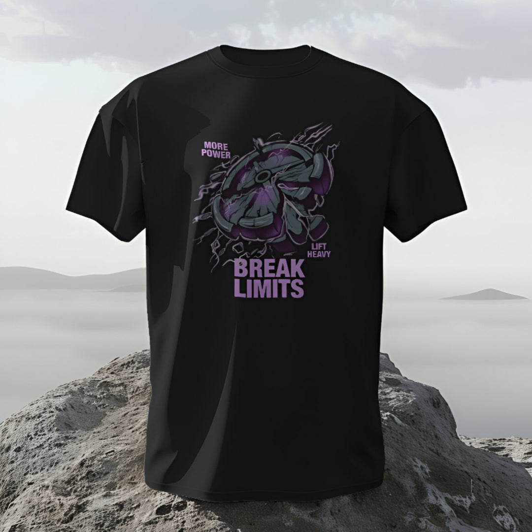 Casual yet powerful setting, model lifting weights in gym wearing BREAK LIMITS T-shirt.