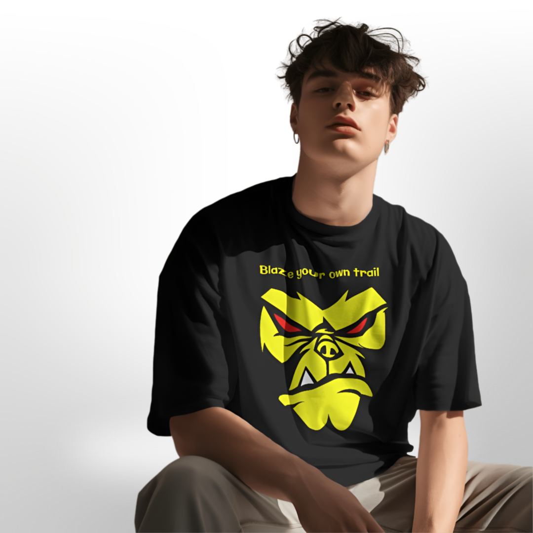 Folded view of Angry Monkey designed premium oversized T-shirt for men, highlighting the quality fabric.