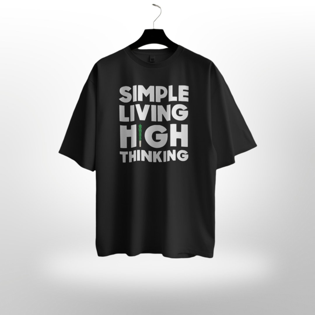 Unisex premium oversized T-shirt with 'Simple Living High Thinking' in elegant script on white.