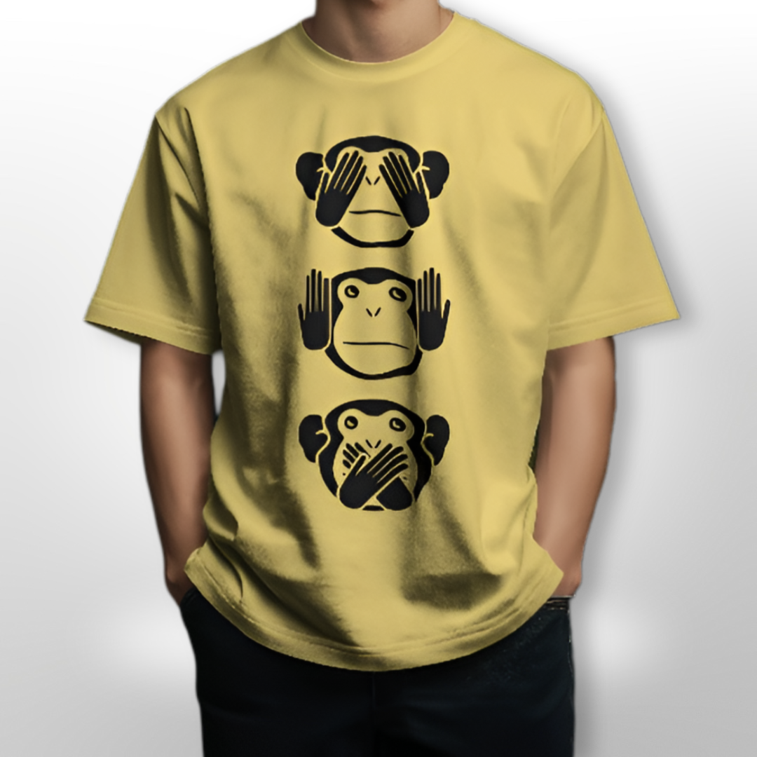 Individual at a casual gathering wearing the Three Monkey T-shirt, showcasing its unique design and conversational appeal.