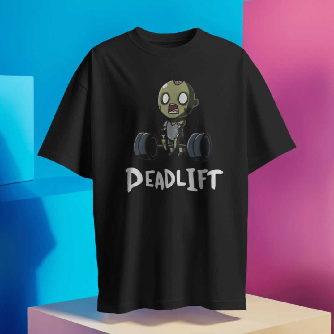 Close-up view of zombie lifting weights graphic on Deadlift Zombie gym T-shirt.