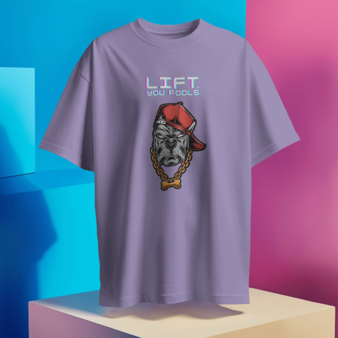 Zoomed-in view showcasing the 'LIFT, You Fools' bold white text on a gray gym T-shirt.