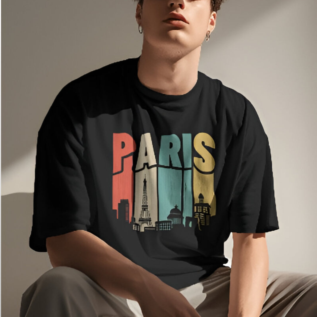Textured detail of soft, high-quality fabric of oversized PARIS T-shirt.