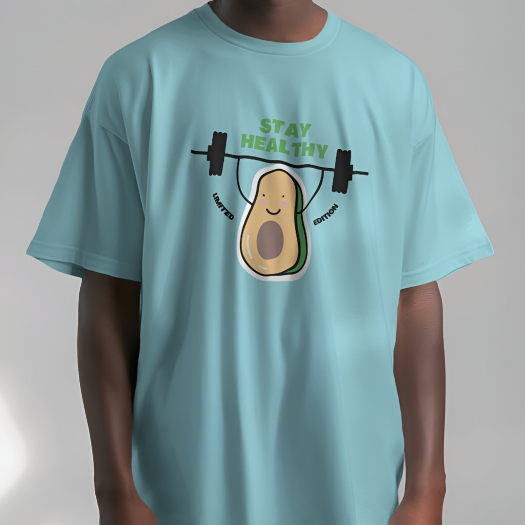 Rear view of the white 'Stay Healthy' gym T-shirt, showcasing its loose fit and plain back.