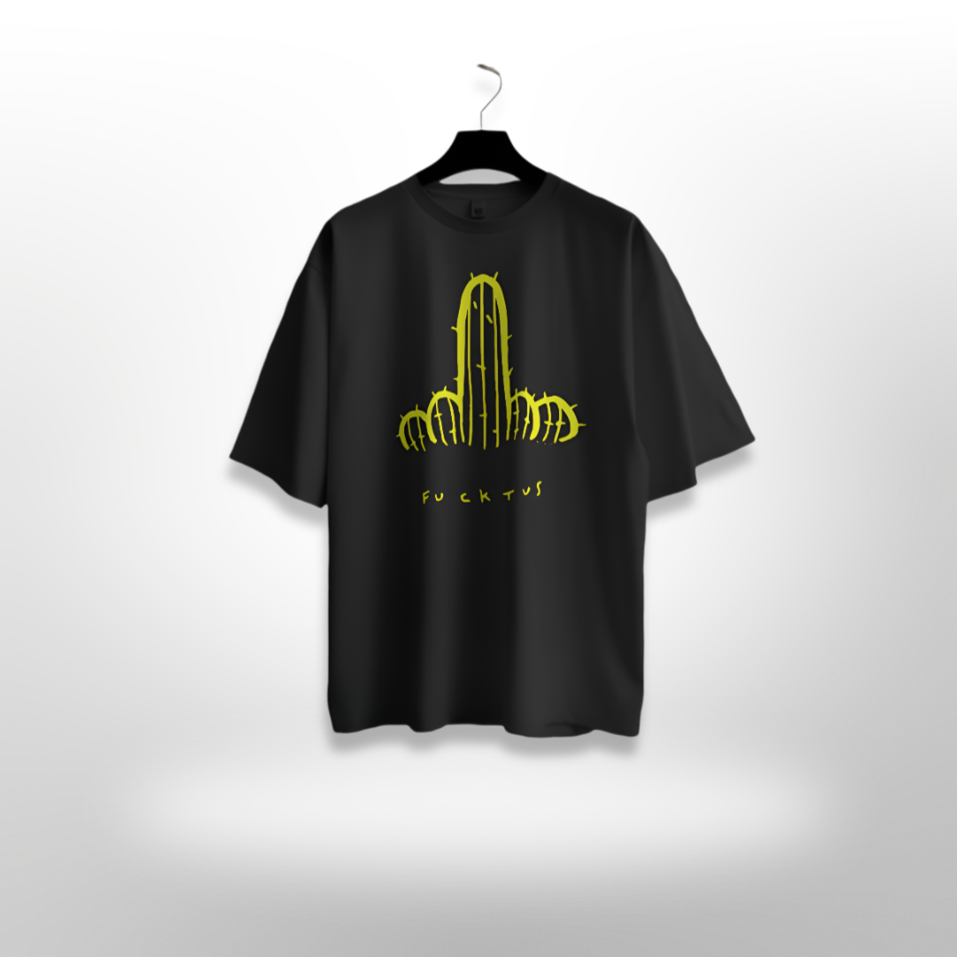 Unisex premium oversized T-shirt with 'Fucktus' humorous cactus design on black.