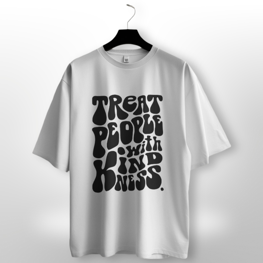 Men's 'Treat People with Kindness' slogan on a soft ivory oversized T-shirt.