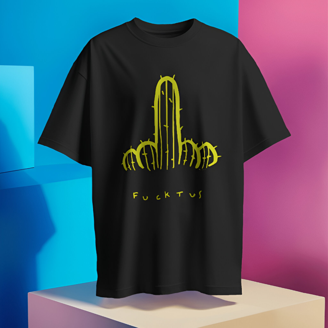 Casual urban scene with a person wearing the 'Fucktus' T-shirt, engaging in outdoor social activities.