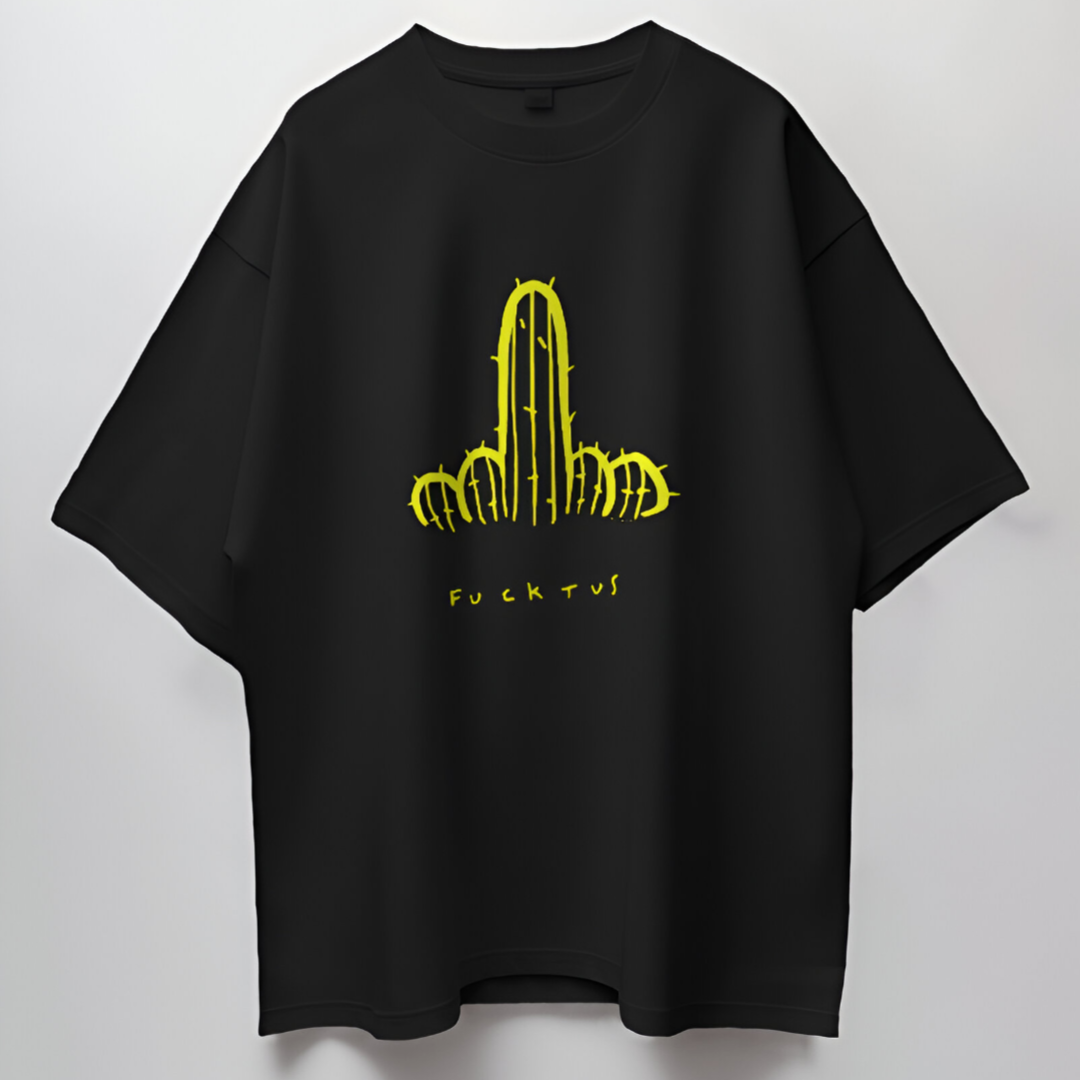 Close-up of 'Fucktus' print featuring a quirky cactus character on a black T-shirt.