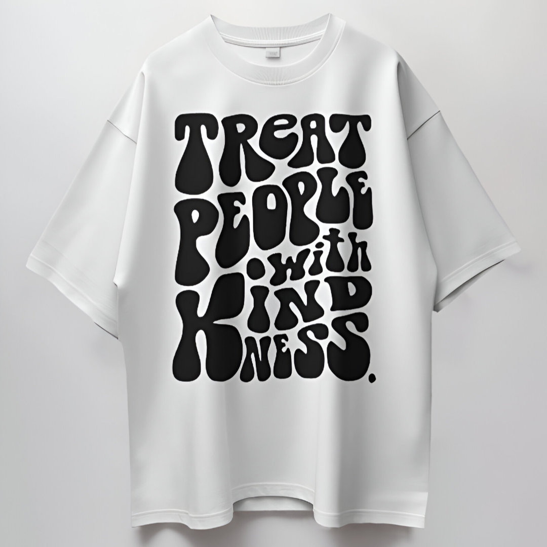 Detailed close-up of 'Treat People with Kindness' text in elegant black script on ivory T-shirt.