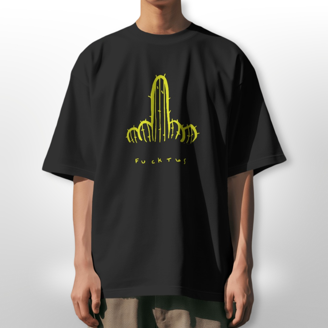 Model laughing and posing in a 'Fucktus' premium quality oversized T-shirt, styled with casual shorts.