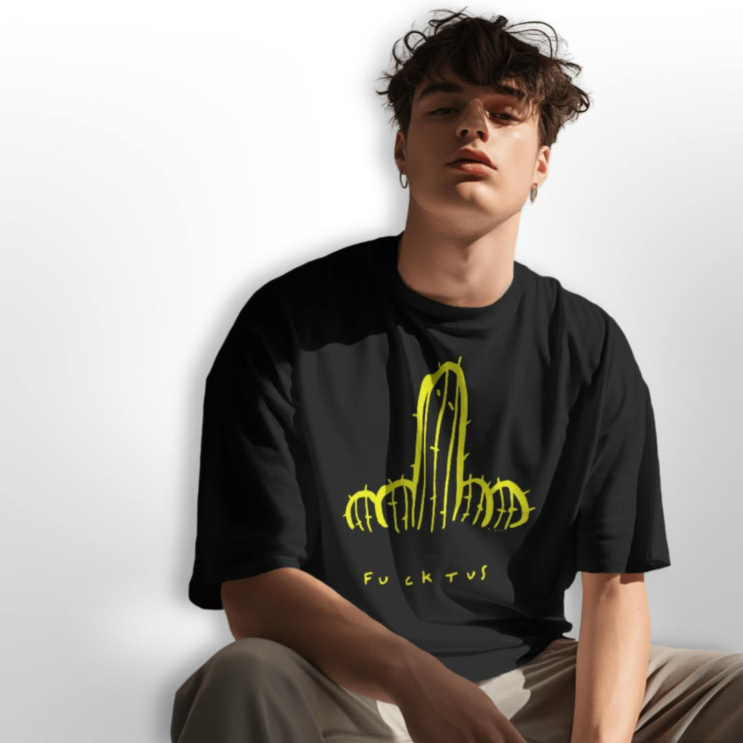 Back view of the black 'Fucktus' oversized T-shirt, showing a plain design for versatile styling.