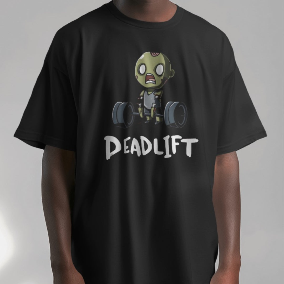Model displaying the Deadlift Zombie oversized T-shirt at a gym, emphasizing the fun graphic.