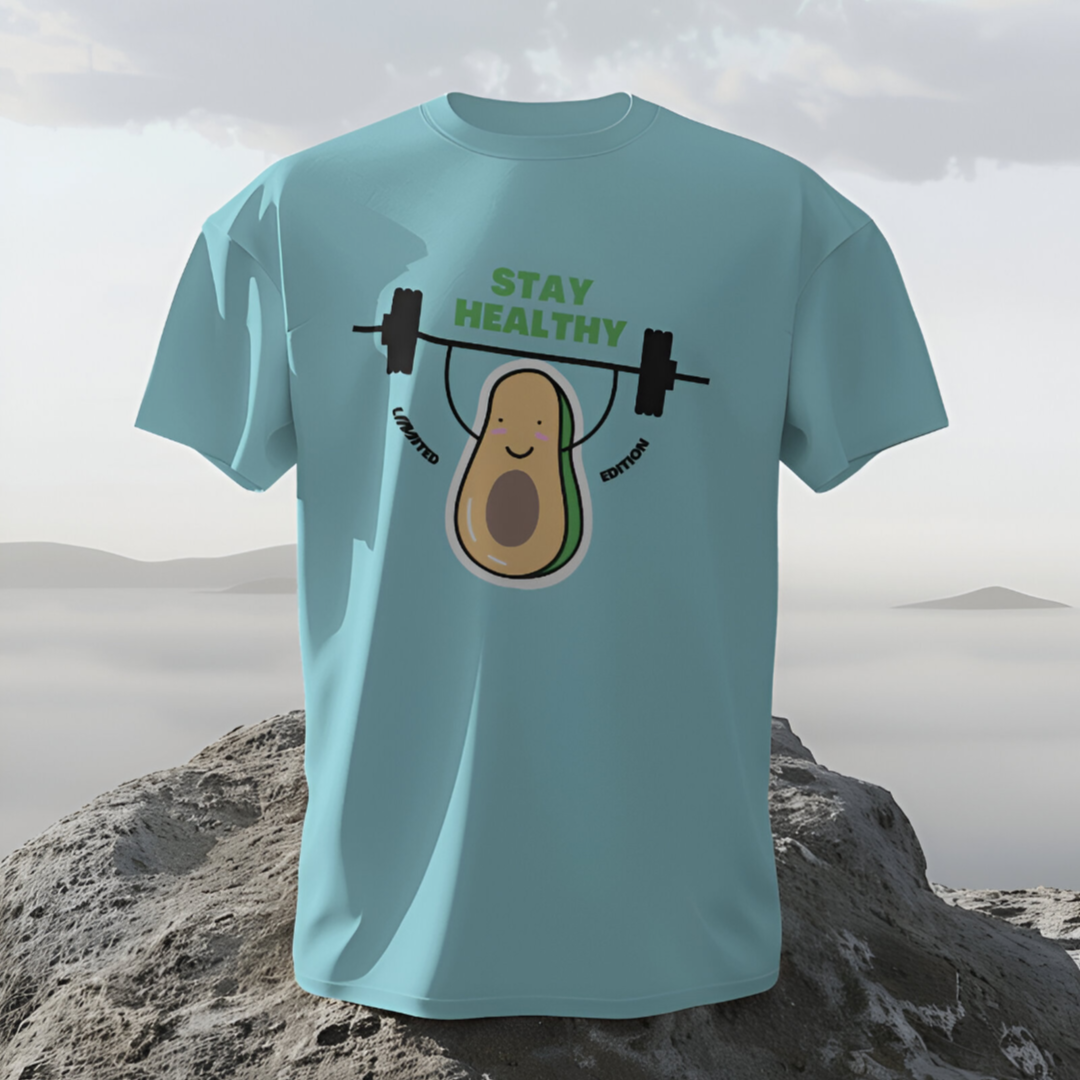 Outdoor fitness scene with model stretching in the 'Stay Healthy' motivational gym T-shirt.