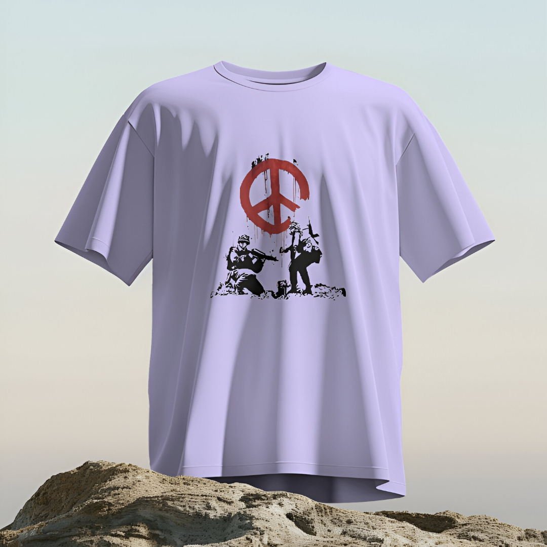 Back view of the olive green 'Peace in War' oversized T-shirt, simple and straightforward design.