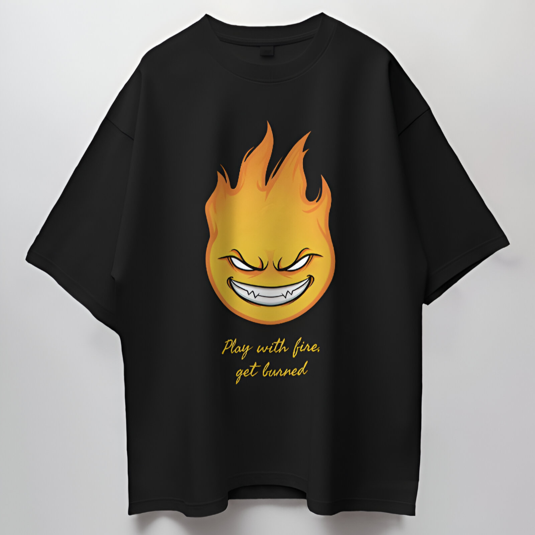 Detailed close-up of fiery graphic and 'Play with Fire, Get Burned' text on premium black T-shirt.
