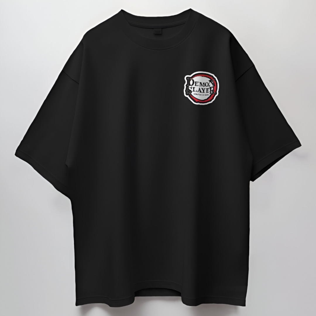 Rengoku-themed 'Set Heart to Blaze' graphic on a fiery red oversized T-shirt.