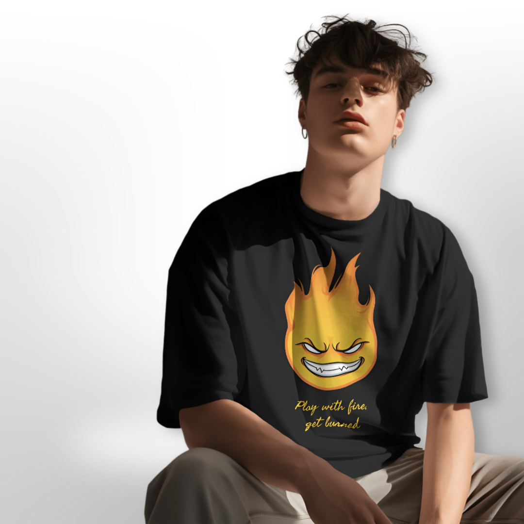 Rear view of the oversized black T-shirt featuring a minimal design, emphasizing the bold front graphic.