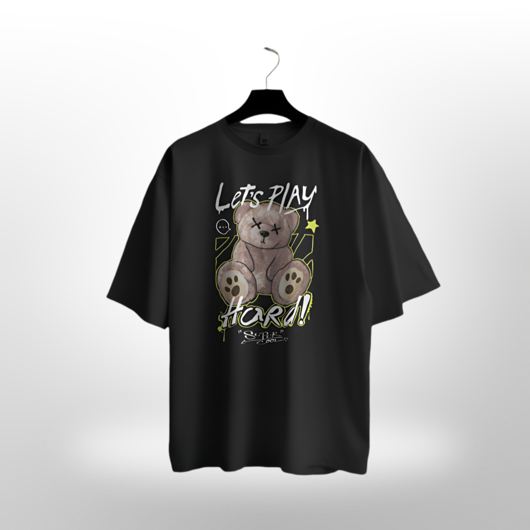 Unisex 'Let's Play Hard' slogan on a vibrant red oversized T-shirt.