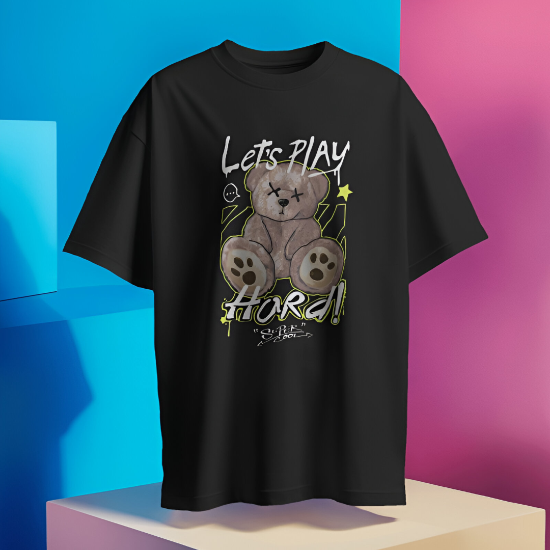 Casual scene with model wearing 'Let's Play Hard' T-shirt while engaging in a spirited team sport in an urban park.